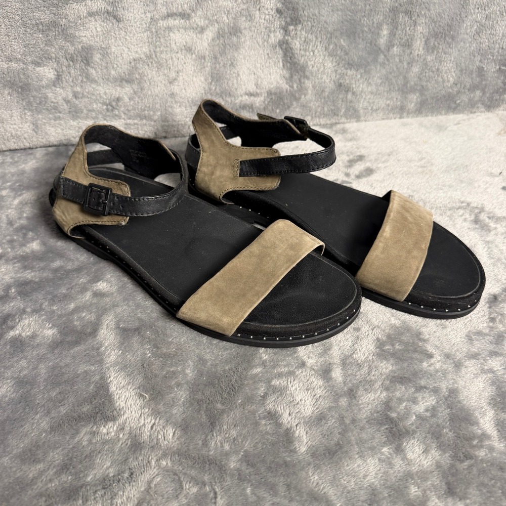 Earth Womens 9M Tan Black Leather Flat Velcro Ankle Strap Sandals Stud Detail